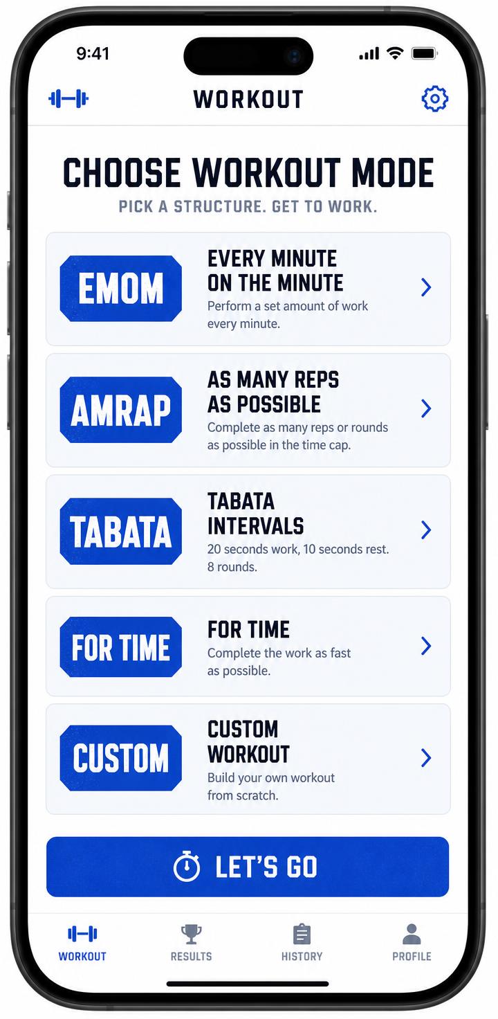 Workout mode selection screen showing EMOM, AMRAP, Tabata, For Time and Custom