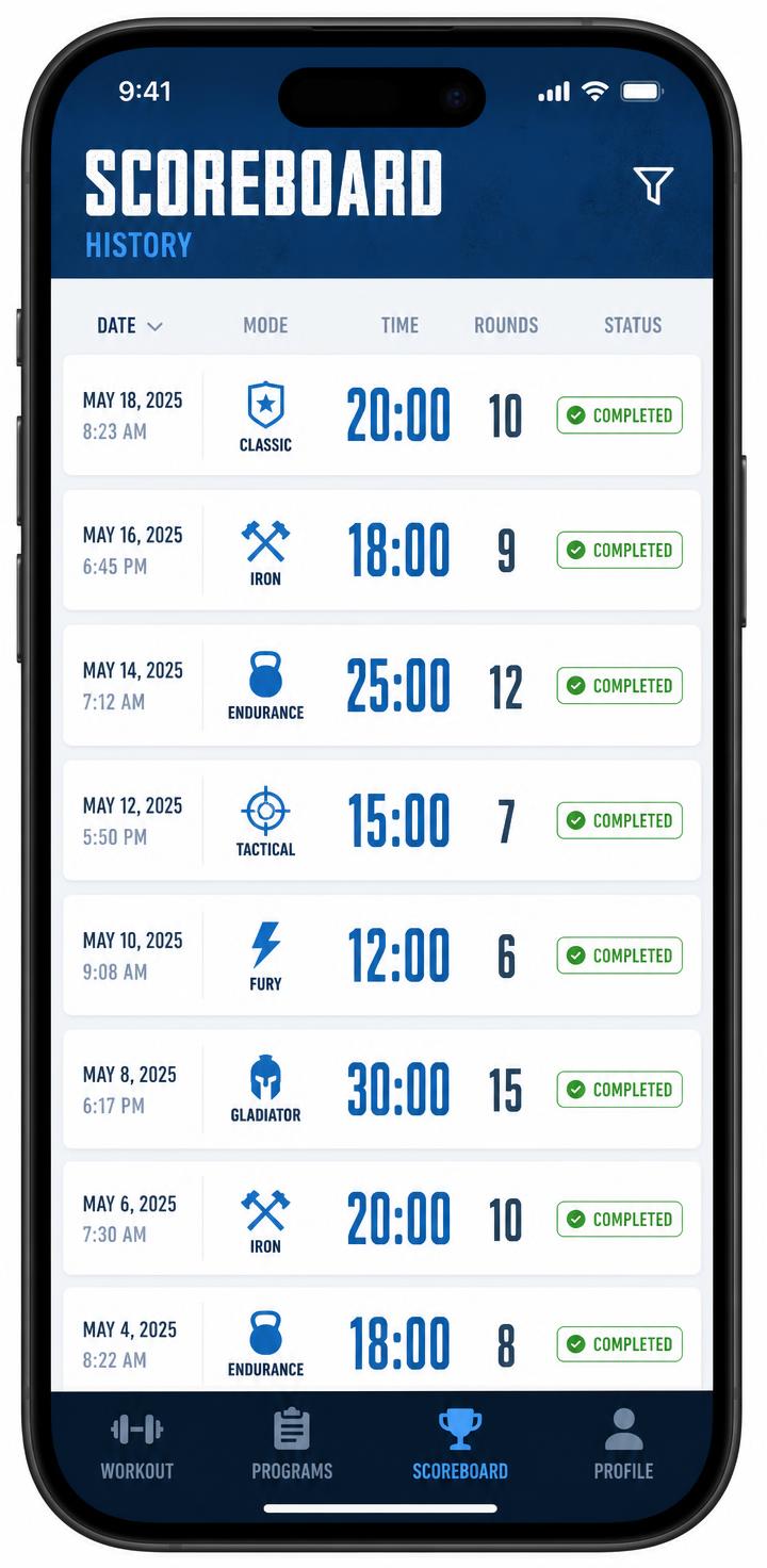 Scoreboard history screen listing finished sessions with times and rounds